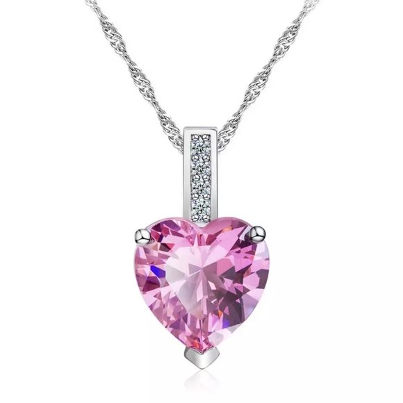 Pink Crystal Heart Pendant Choker Chain Necklace - Picture 2 of 4